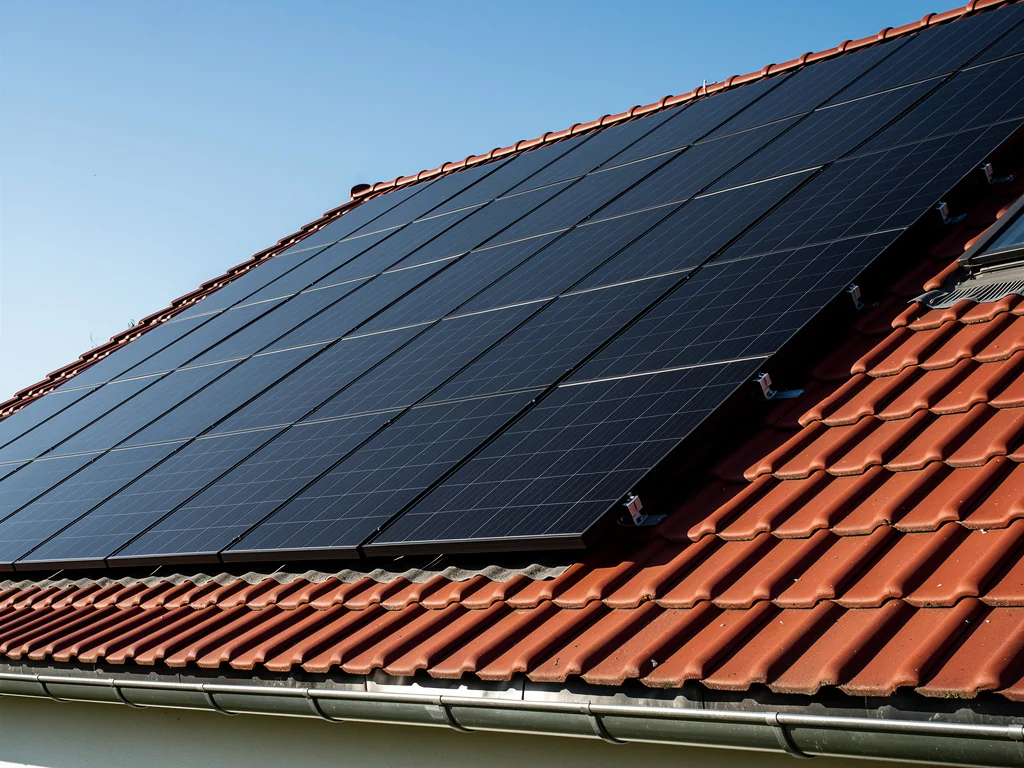 Panneaux solaires photovoltaïques noirs alignés sur une toiture en tuiles