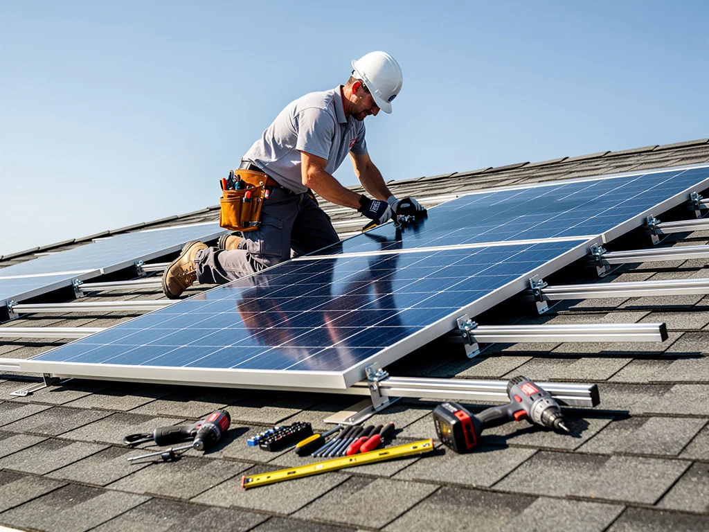 Technicien fixant un panneau solaire sur des rails de toiture