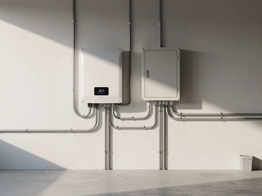 Onduleur solaire et coffret de protection posés dans un garage