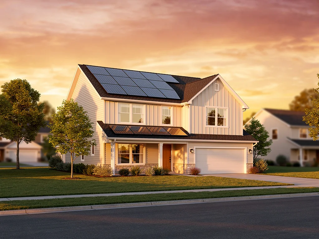 Maison équipée de panneaux solaires au coucher du soleil