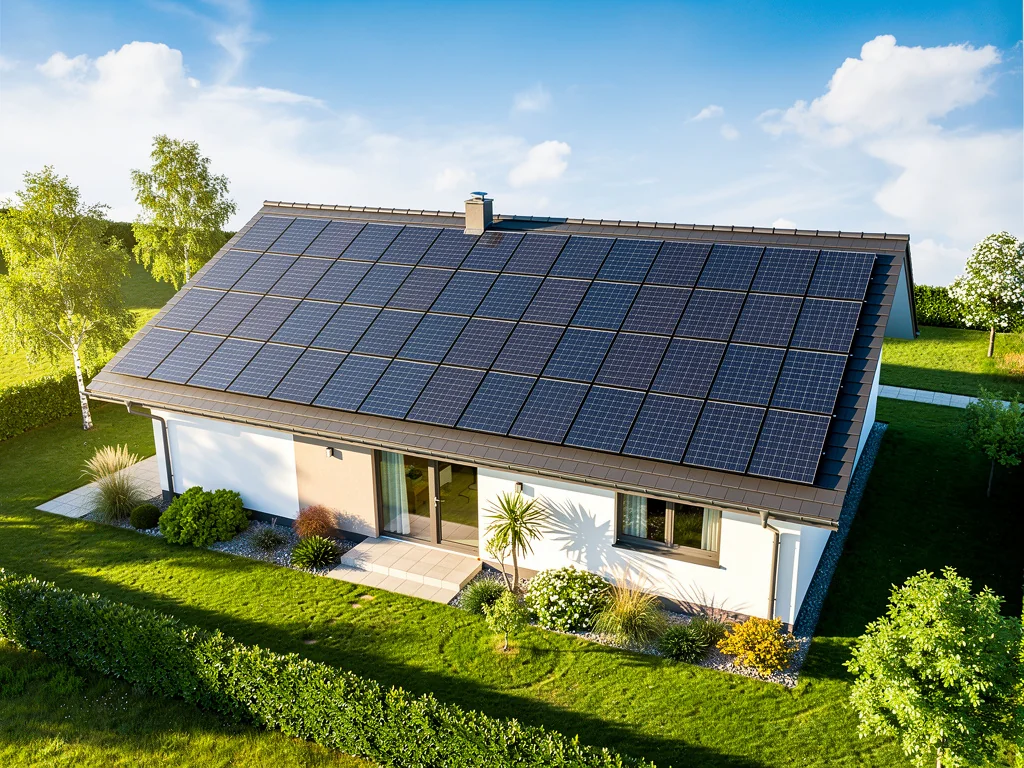 Panneaux solaires sur la toiture d'un pavillon avec jardin